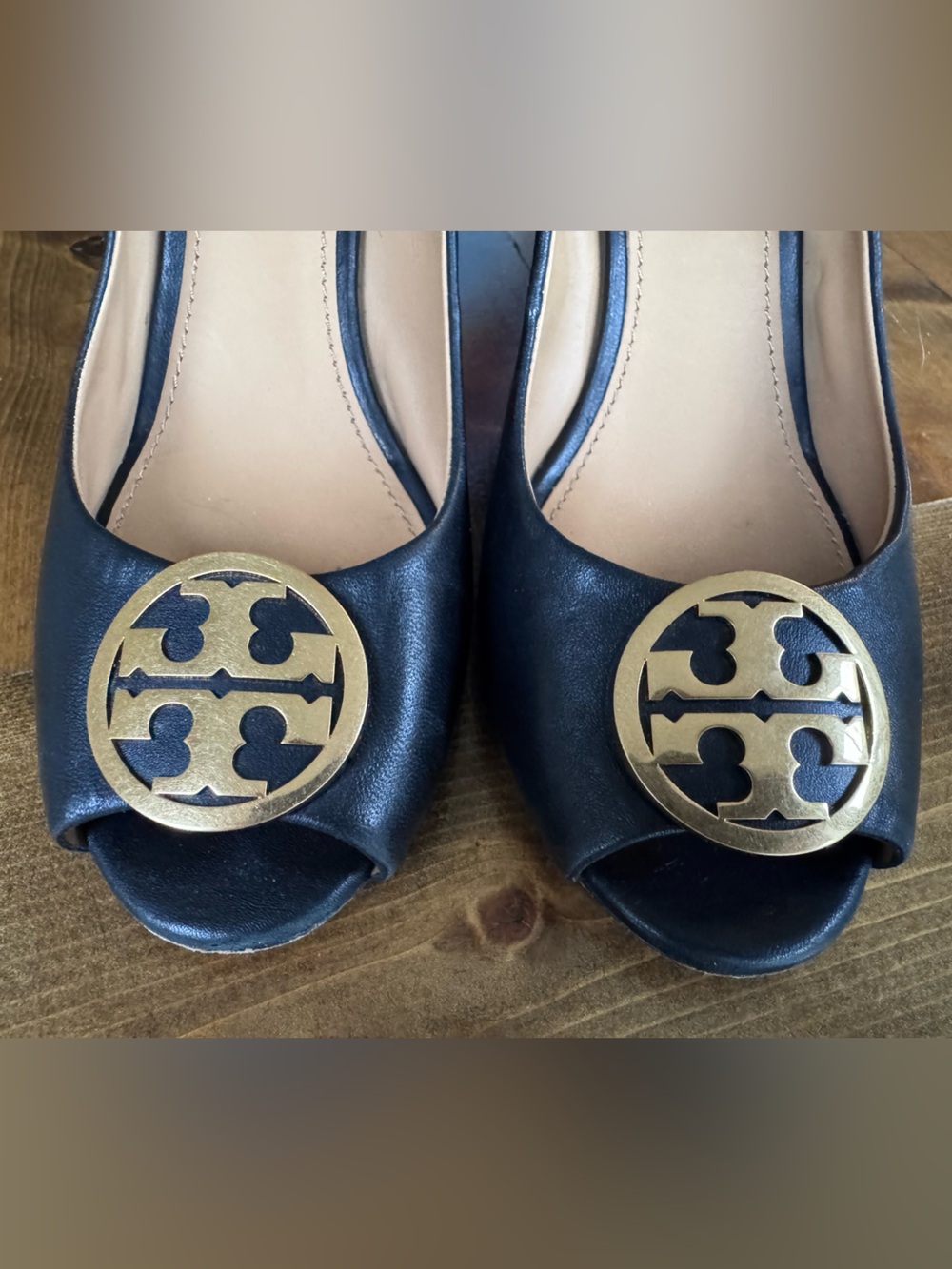 Tory Burch Black Leather Peep-Toe Flats with Gold Logo Medallion